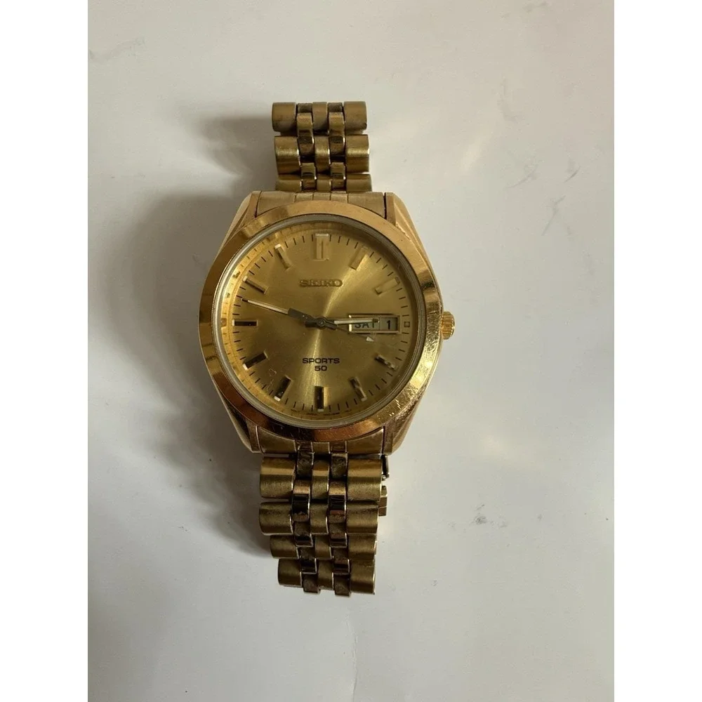 Seiko Sports Watch Men Gold Dial Gold Tone Daydate Round 7N43-8B49